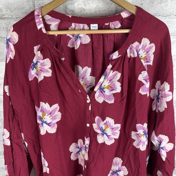Old Navy Tops - Old Navy Button Front Peasant Blouse Size XXL Vibrant Red Pink‎ Floral Boho